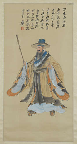 CHINESE SCROLL PAINTING OF FIGURE WITH CALLIGRAPHY