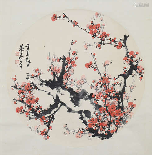 CHINESE ROUND FAN PAINTING OF PLUM BLOSSOMMINGS