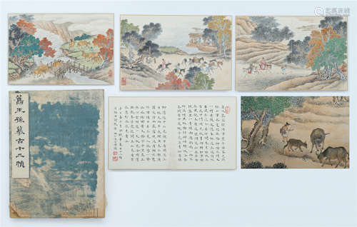 EIGHT PAGES OF CHINESE ALBUM PAINTING OF FARMING AND CALLIGRAPHY