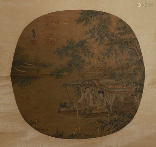 CHINESE ROUND FAN PAINTING OF BEAUTIES IN BOAT