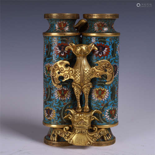 CHINESE CLOISONNE BIRD AND BEAST LINKED VASES