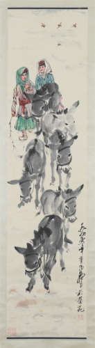 CHINESE SCROLL PAINTING OF GIRLS WITH DONKEY