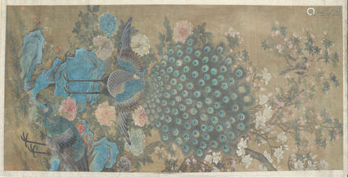 CHINESE SCROLL PAINTING OF PEACOCK AND FLOWER