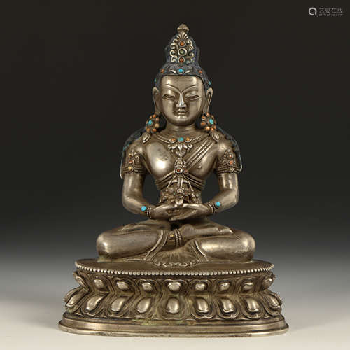 CHINESE GEM STONE INLAID SILVER SEATED BUDDHA