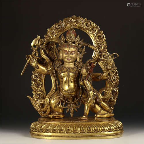 TIBETAN GILT BRONZE STANDING BUDDHIST GUARDIAN