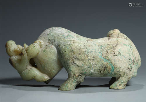 CHINESE ANCIENT JADE MAN WITH RHINOCEROS