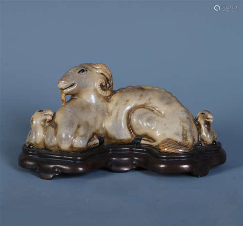 CHINESE PORCELAIN THREE RAM ON ROSEWOOD BASE