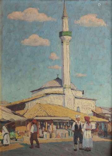 A painting depicting shops before the mosque in Is…