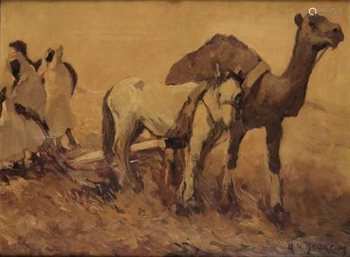 An Orientalist painting depicting a dromedary and …