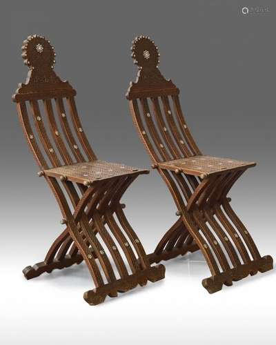 Two Syrian wooden folding chairs inlaid with mothe…