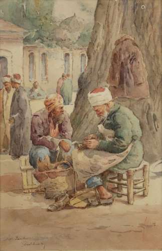 A painting depicting a cobbler in the streets