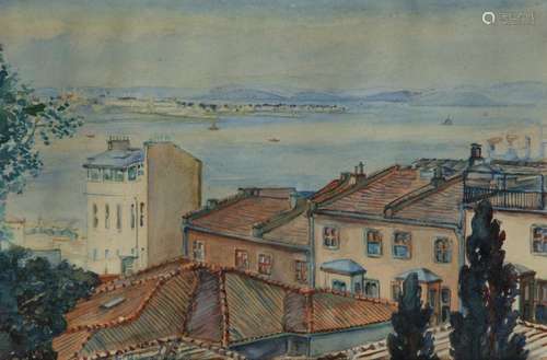 A painting depicting a view on roofs of houses nea…