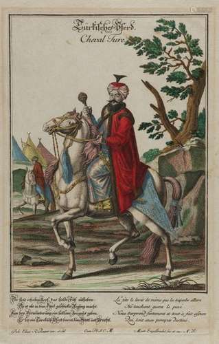 An ottoman hand coloured print depicting a ruler o…