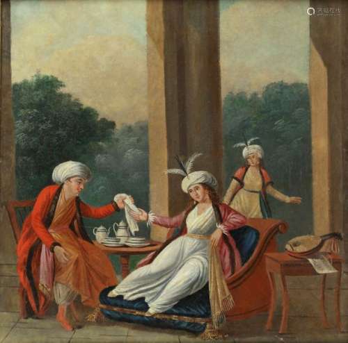 A painting depicting a tea time in the Harem