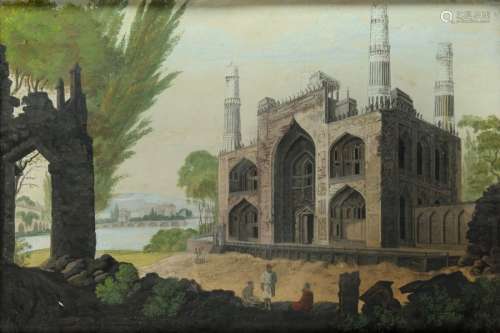 A painting depicting the entrance of a palace