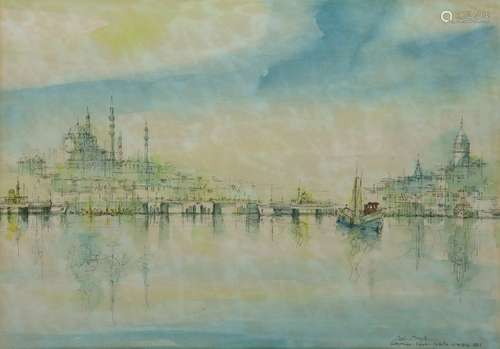 A watercolour depicting Istanbul seen from the Bos…