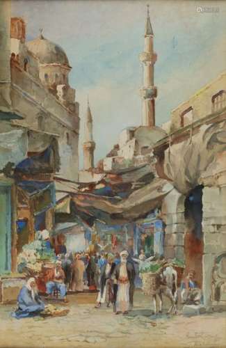 An Orientalist painting depicting animated street …