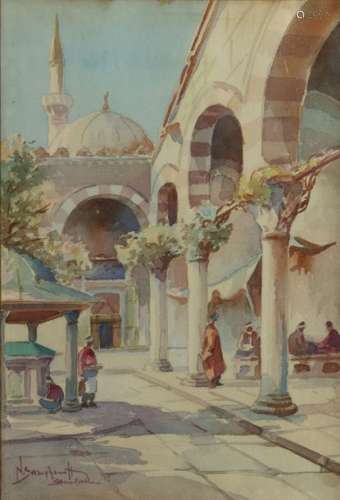 An orientalist painting depicting an arcade in Ist…