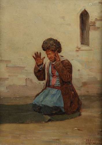 A painting depicting a kneeled man praying