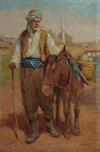 A painting depicting a man with a man with mule go…