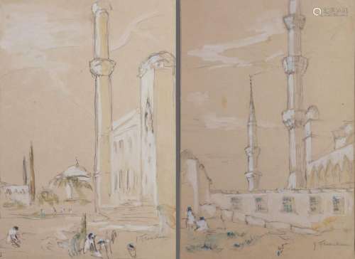 Two drawings. Open place with minaret and Minarets…