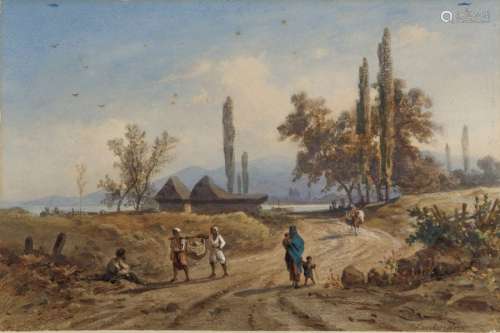 A painting depicting travellers on a path near a l…
