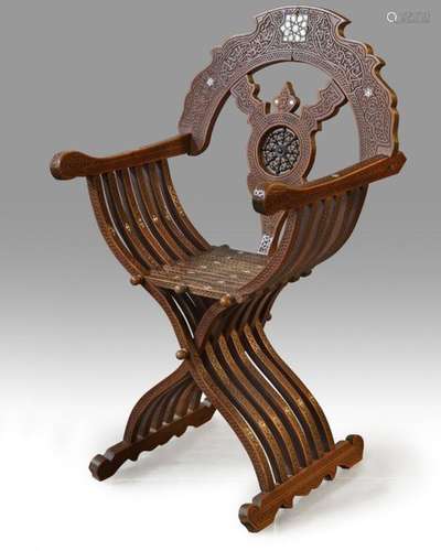 A Syrian Mother of pearl Inlaid Savonarola Chair