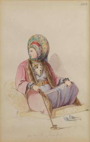 A watercolour representing a seated ottoman woman