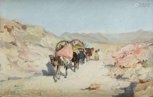 A painting depicting camels in the dessert