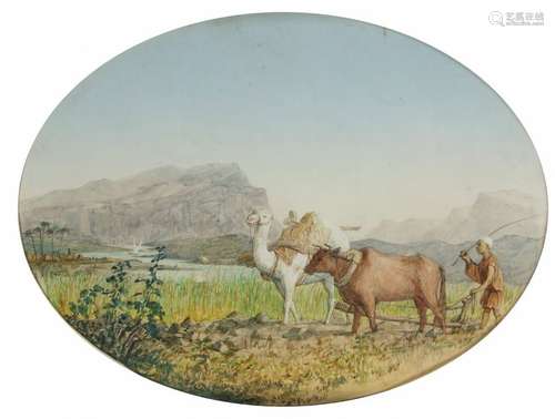 A painting depicting a farmer with his animals