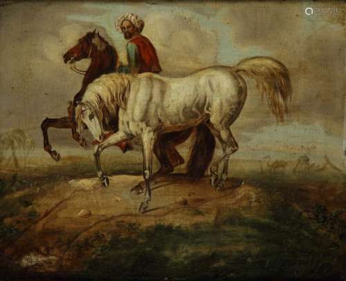 A painting depicting a horseman taming a white Ara…