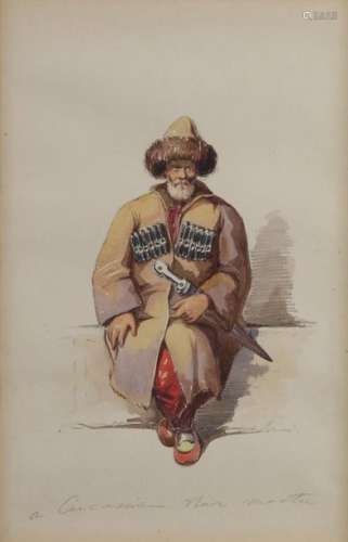 A watercolour representing a seated caucasian warr…