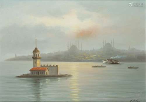 A painting depicting the Leander or Maiden Tower, …