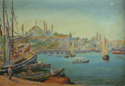 A painting depicting fisherboats near the Galata B…