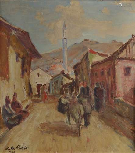 A painting depicting a Turkish street scene with m…