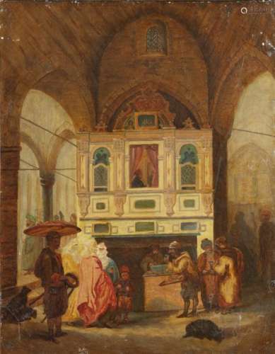 A painting depicting a scene at the kiosk in the m…