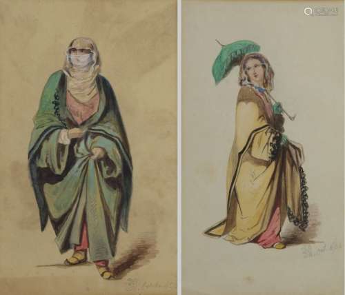 Two watercolours representing a standing lady