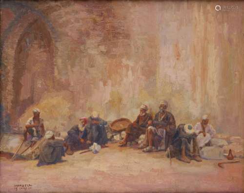 A painting depicting eight figures resting