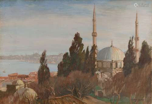 A painting depicting a mosque with view over the G…