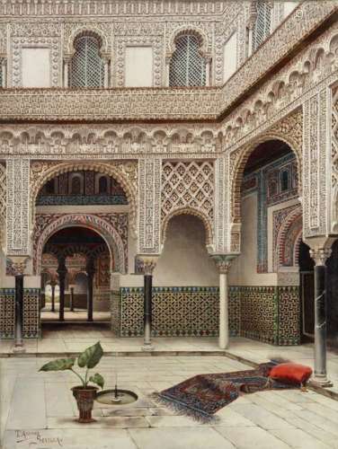 A painting depicting a patio in the Alcazar, Sevil…