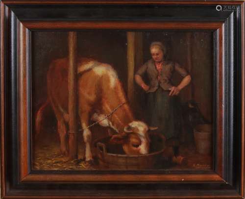 E. Rabbers, Stal met koe en boerin
