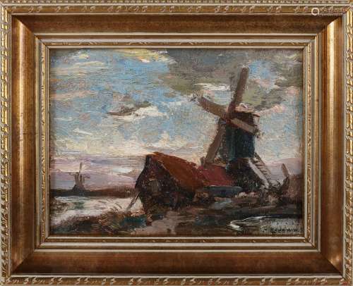 H. van Leeuwen, Hollands landschap met windmolen