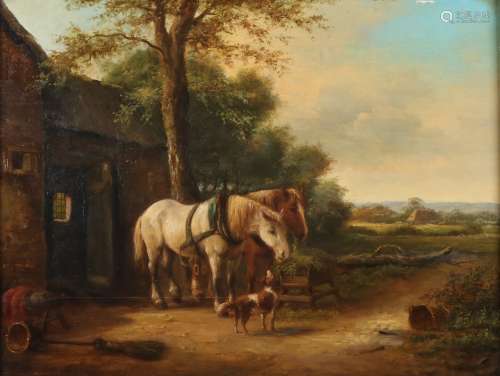 L. Hoevenaar, Paarden aan het voeren bij stal