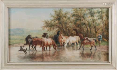 W.K. Nakken, Herder met paarden bij drenkplaats