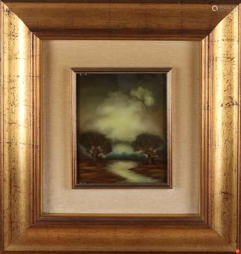 A.Basino, Landschap (achter-glas-schilderij)