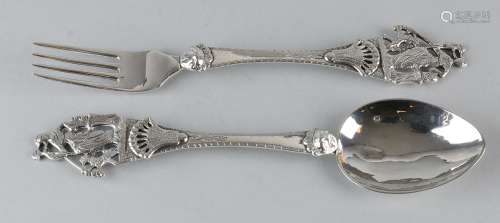 Zilveren geboortelepel & vork, 1858