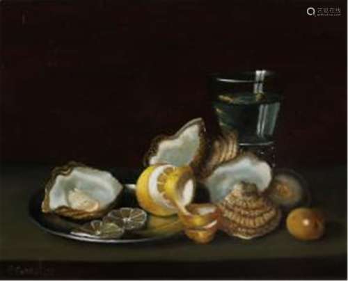 C. Cornelis, Stilleven met citoen, oesters, tin en glas