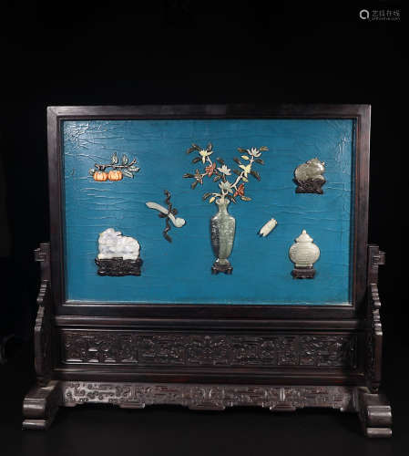 A LACQUER SCREEN WITH JEWELS EMBEDED& CARVED