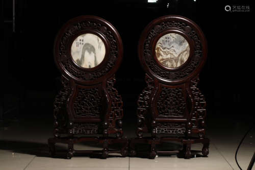 A PAIR OF WOOD INLAID MARBLE SCREEN