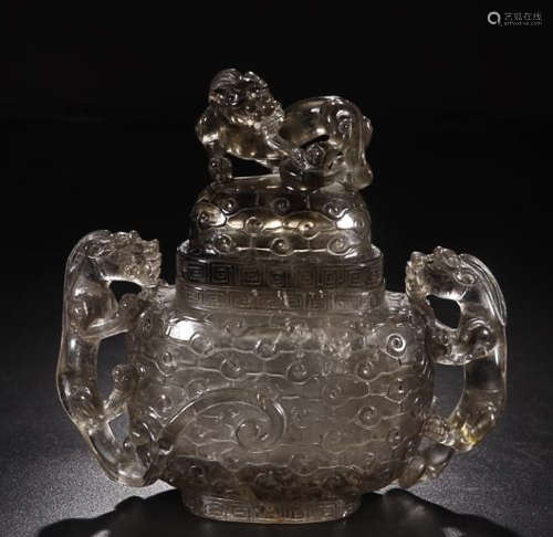 A CRYSTAL TIGER& BEAST CARVED JAR WITH LID